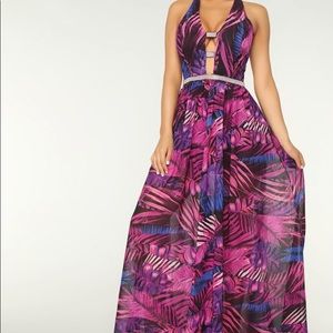 Long flowing back out tropical dress